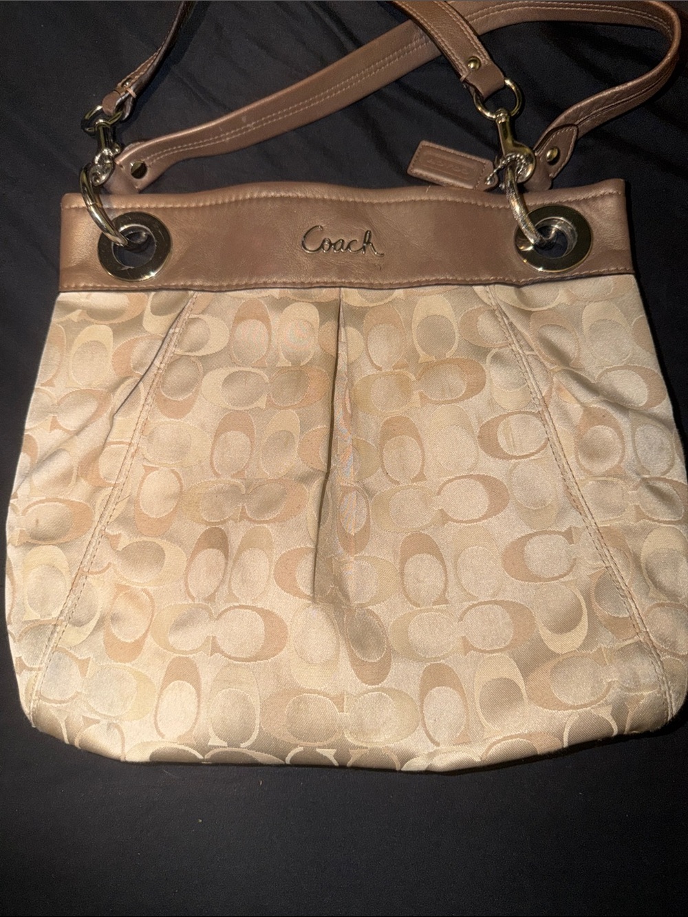 Vintage Coach Beige Signature Canvas Shoulder Bag with Brown Trim